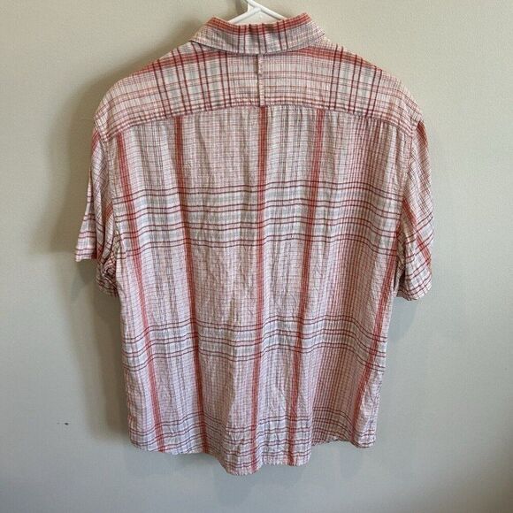 Banana Republic Short Sleeve Button Down Linen Cotton Plaid Orange White Blue L - Picture 6 of 9